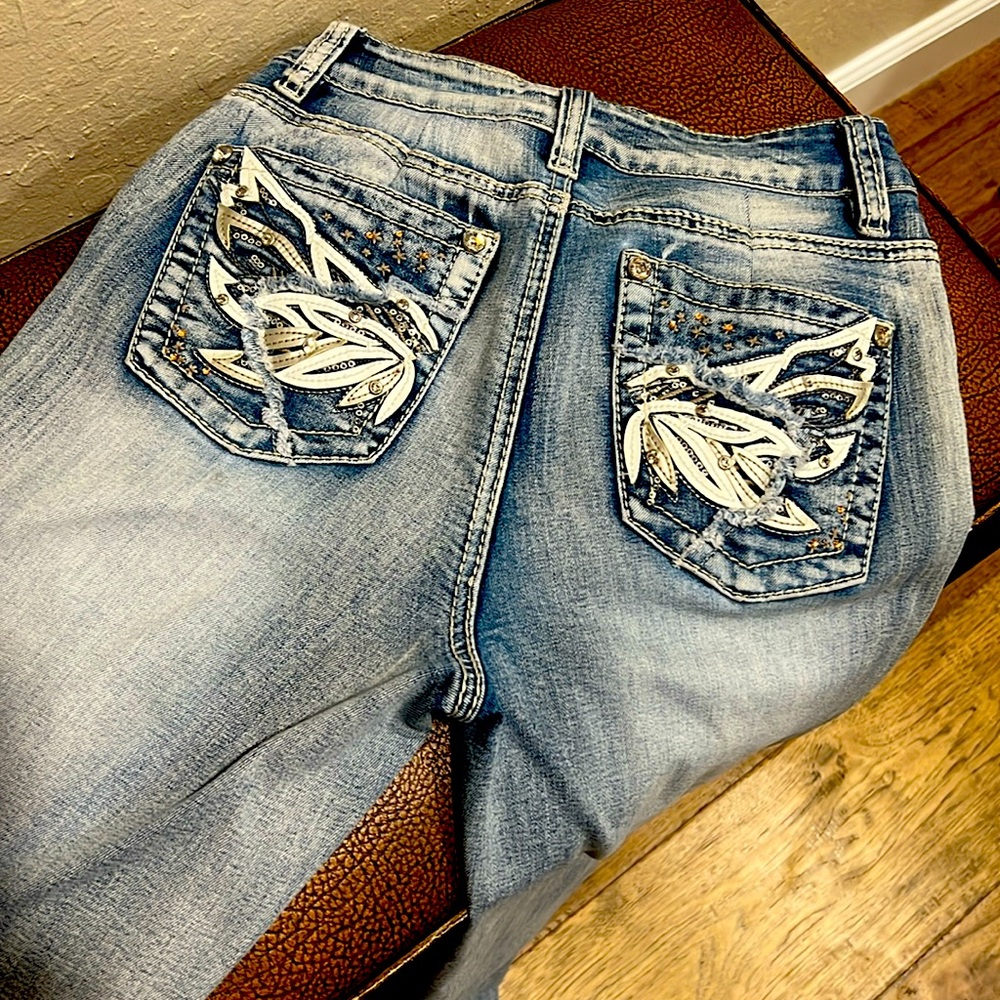 Pre-owned Rebel & Soul Bootcut Distressed Stretch Jeans Missy Bling Stone Washed